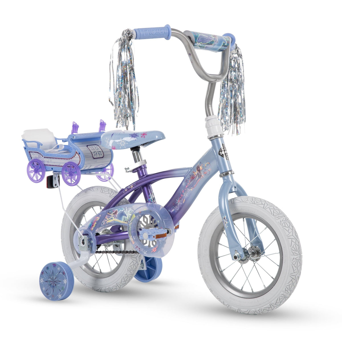 Frozen Bike with Doll Carrier Sleigh for Girl's. 12 In.. White and Purple by Huffy