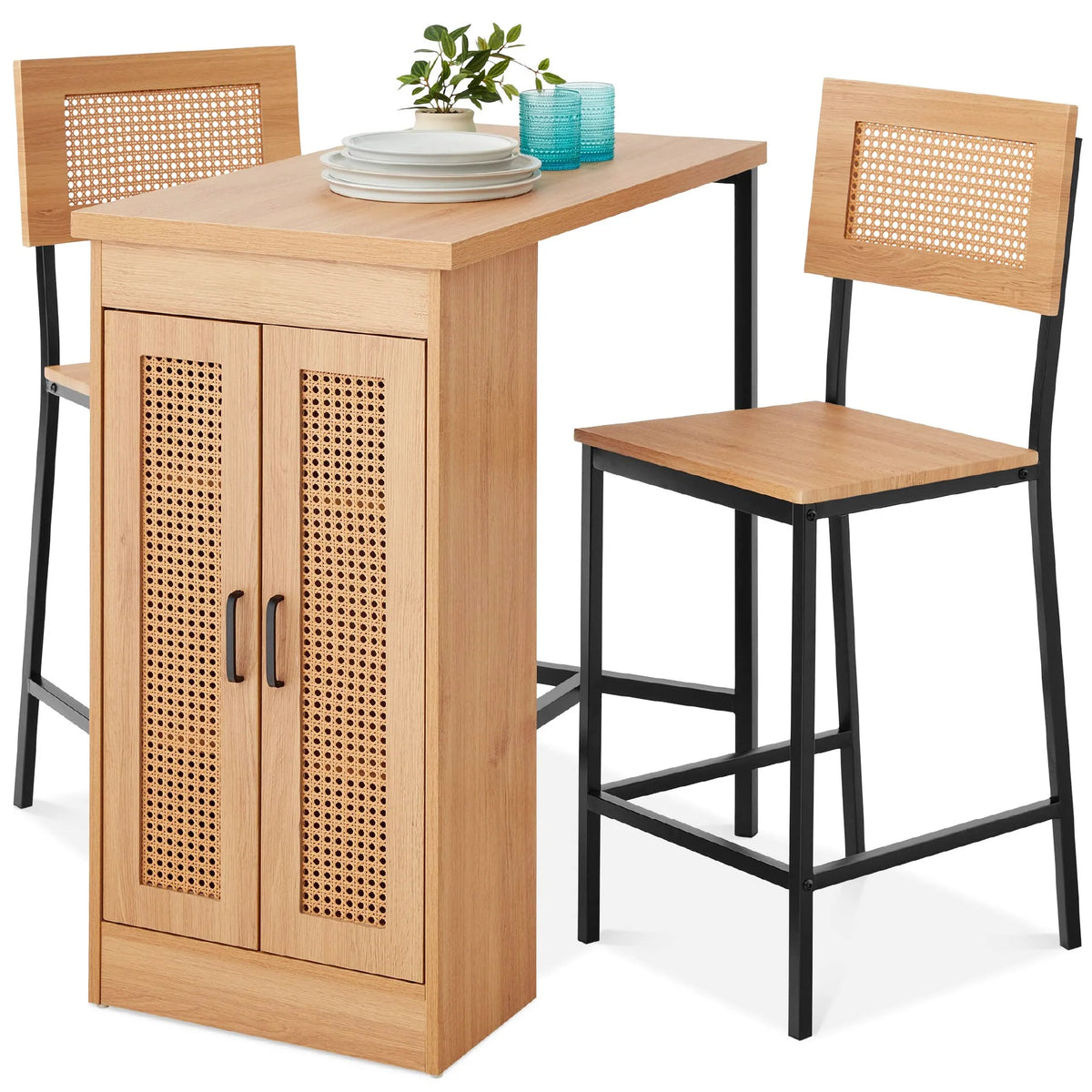 Best Choice Products 3-Piece Rattan Dining Set, Counter Height Boho Dining Table for Kitchen for 2, Dining Room w/Adjustable Storage Shelves, Cabinet Doors, Metal Frames