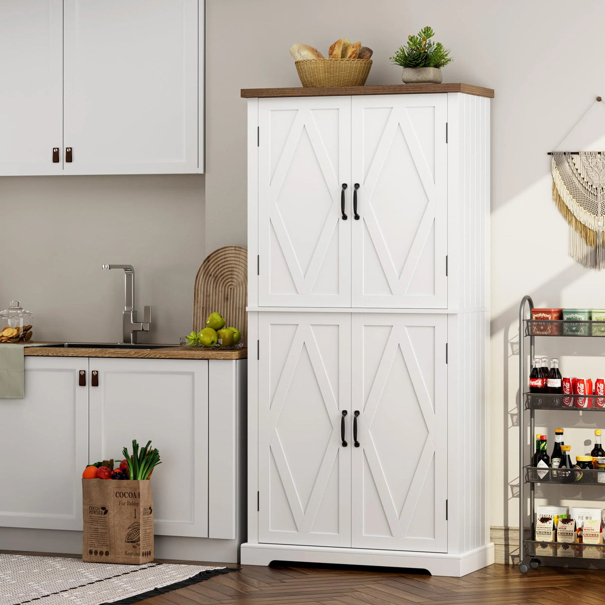 HOSTACK 64" Pantry Cabinet, Tall Kitchen Pantry Storage Cabinet, Modern Farmhouse Bathroom Storage Cabinet, Large Bookcase, 4 Doors|Adjustable Shelves, for Dining Room, Living Room, Home Office, White