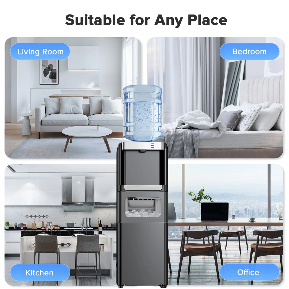 LHRIVER 2 - 5 Gallon Water Dispenser & 6 - Min Ice Maker, 3 - in - 1 Hot/Cold/Ice, Child Lock & Energy - Efficient, for Home/Office, Black