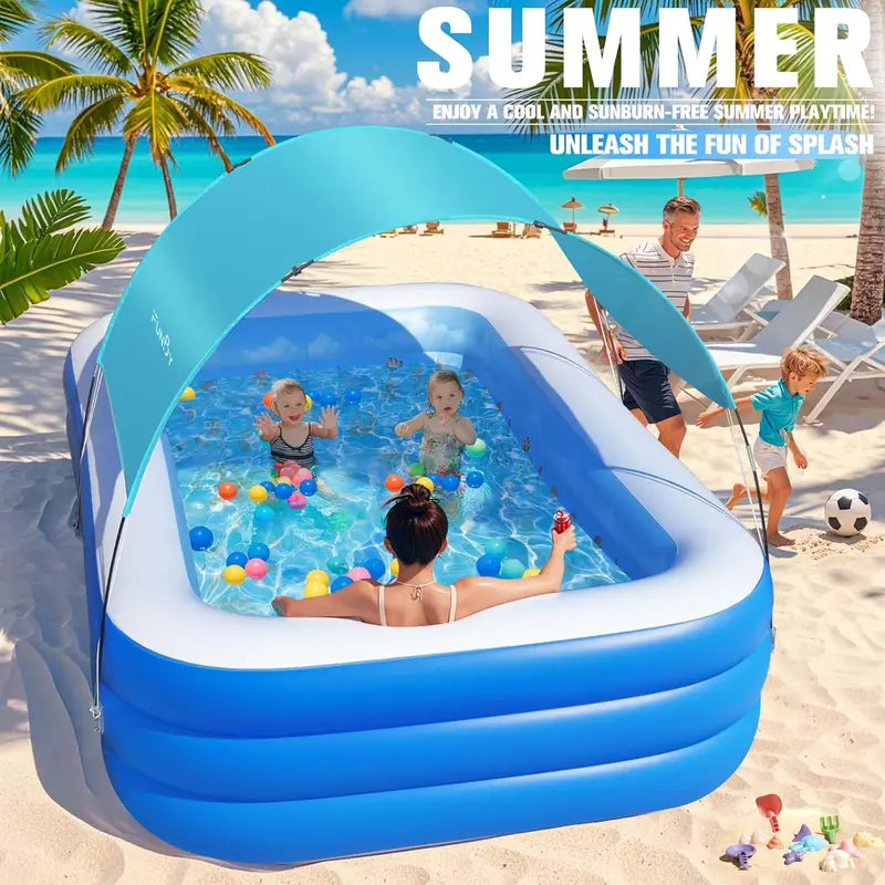 Ocean-Themed Inflatable Family Pool with Canopy – Extra-Large 105″ x 75″ x 25″, Thickened Vinyl for Kids & Adults, Backyard Swimming Pool