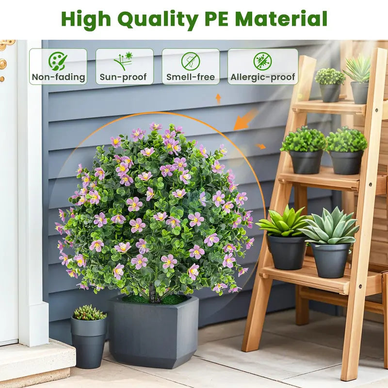Two-Piece Faux Shrub Set — Lifelike Potted Artificial Plants with Blooming Details