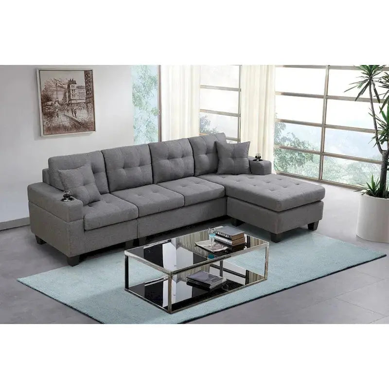 Contemporary L-Shaped Sectional Sofa with Integrated Cup Holders and Lounge Chaise