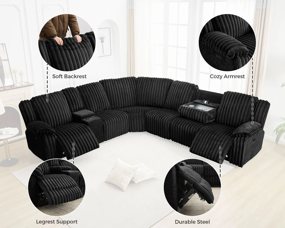 Power Reclining Sectional Sofa with Wireless Charger, 6 - Seater Faux Fur Sectional with Recliners, Hidden Cup Holders, Storage Console, USB & Type - C Ports, Black