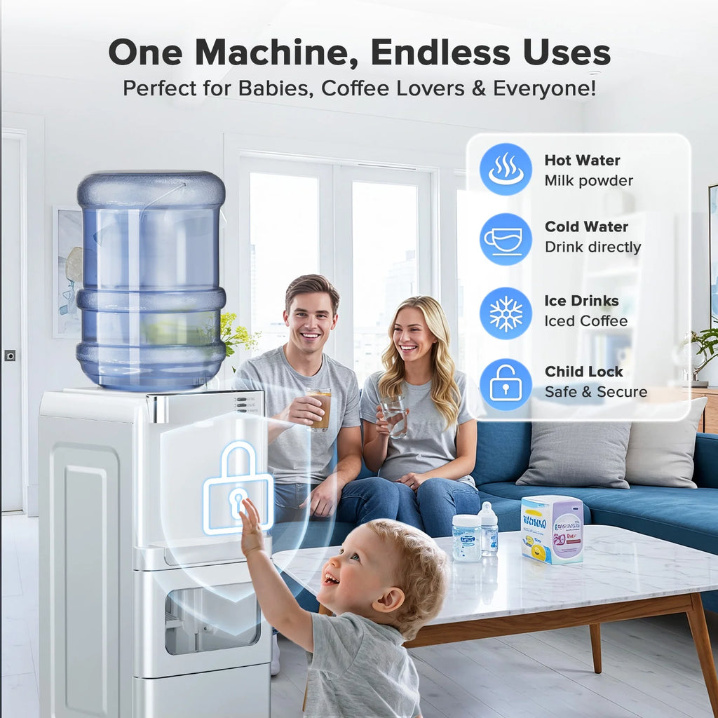 LHRIVER 2 - 5 Gallon Water Dispenser & 6 - Min Ice Maker, 3 - in - 1 Hot/Cold/Ice, Child Lock & Energy - Efficient, for Home/Office, Black
