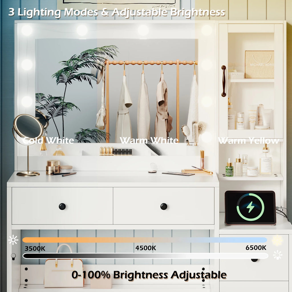 UGTOO 58.3" White Vanity Desk with Mirror, Adjustable Lighting, Power Outlet, Drawers, with Stool