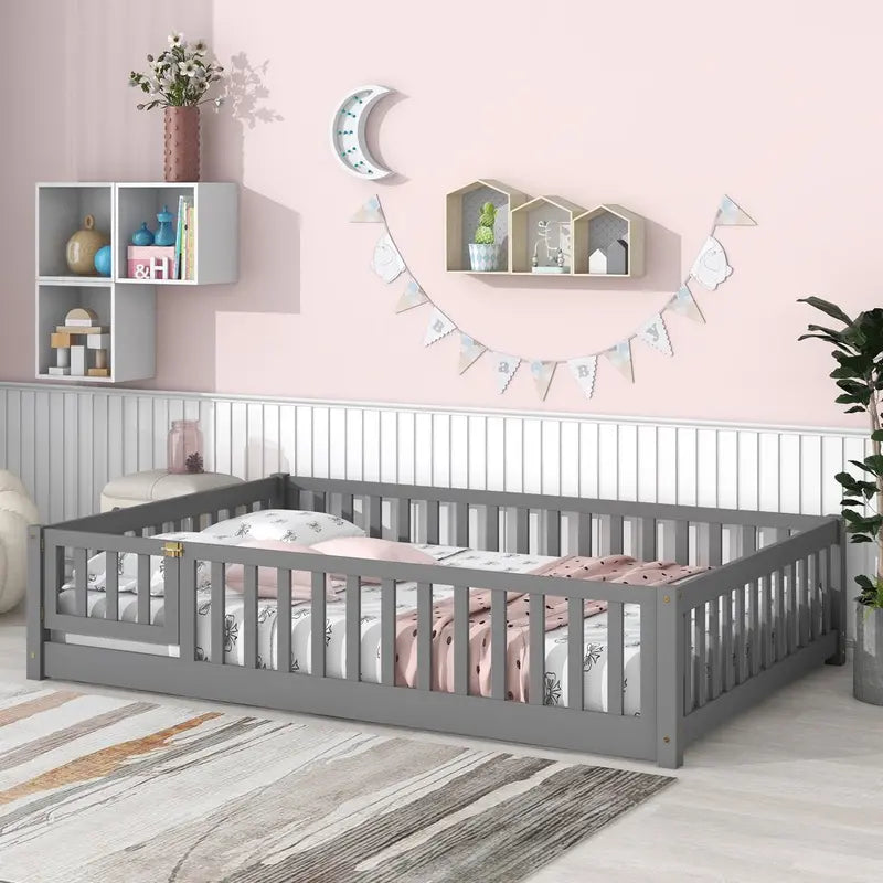 Uhomepro Kids Floor Bed with Playhouse Design – Pine Wood Twin Bed with Fence, Door & Safe Enclosed Layout