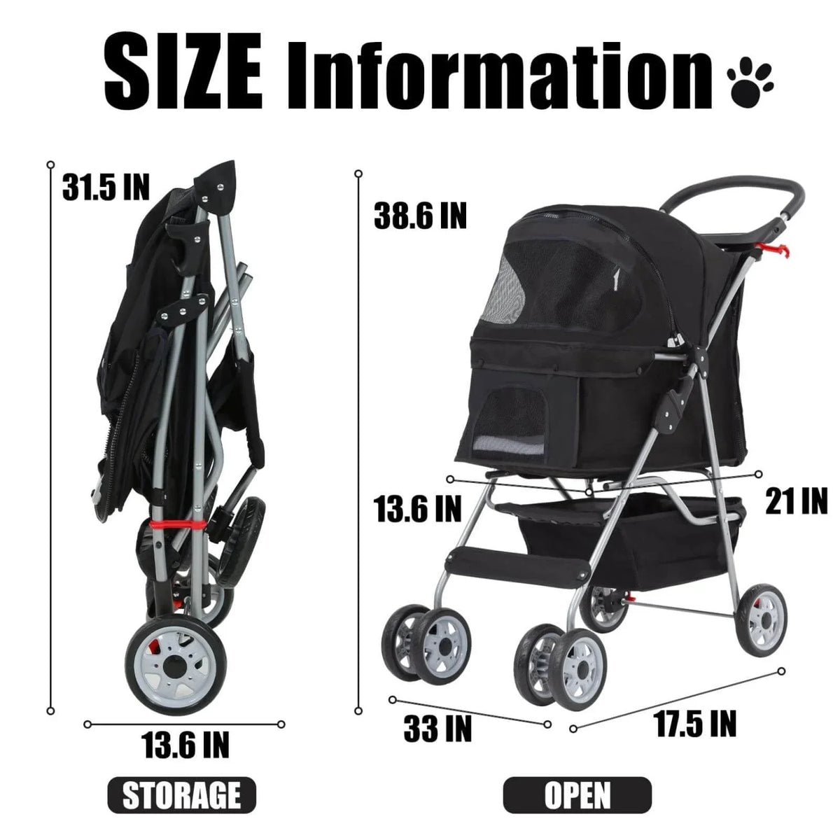 Foldable Dog Stroller Cat Stroller with Storage Basket & Removable Liner, 4 Wheels Pet Stroller .Foldable Carrier Strolling Cart for Dogs Cats, Black