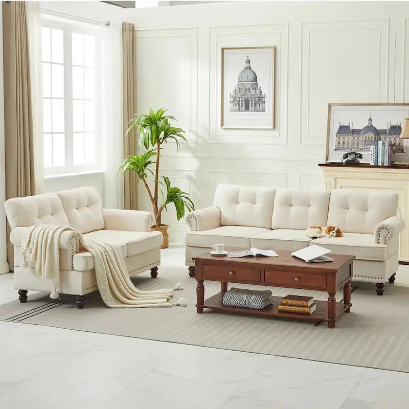 Three-Piece Chenille Living Room Sofa Set – Button-Tufted Design with Nailhead Trim and Rubberwood Legs