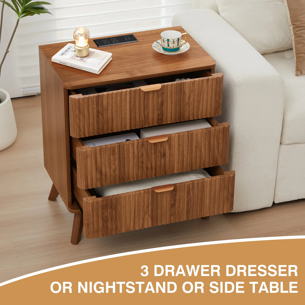 YOCWO Fluted Nightstand for Bedroom Set of 2, Wood Bedside Table Set of 2 with Drawers, Black