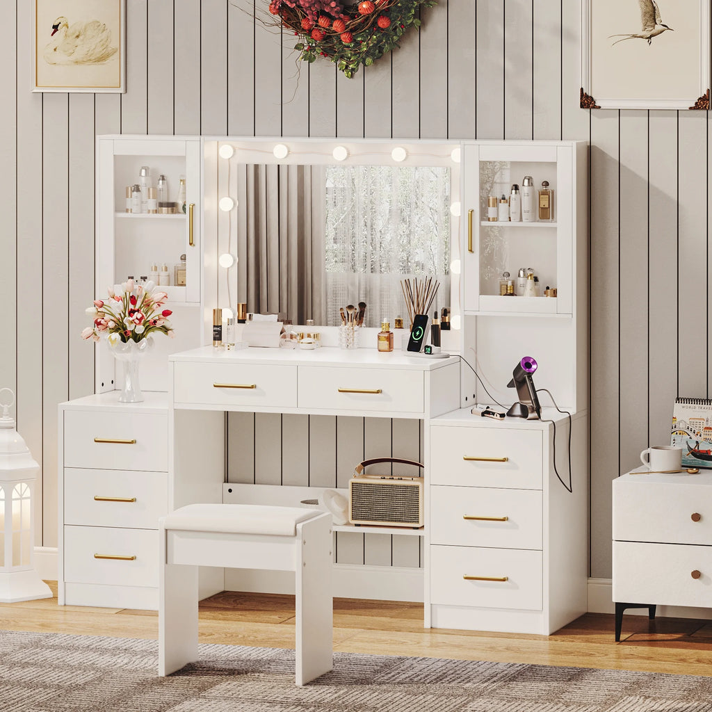 UGTOO 58.3" White Vanity Desk with Mirror, Adjustable Lighting, Power Outlet, Drawers, with Stool