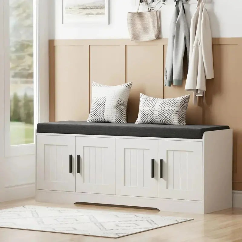 Two-Tier Entryway Bench with Thick Padded Seat & Shoe Storage – Modern Hallway Organizer