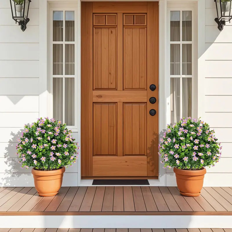 Two-Piece Faux Shrub Set — Lifelike Potted Artificial Plants with Blooming Details