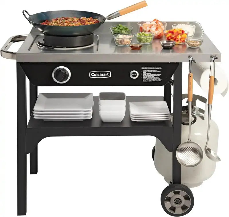 Cuisinart Outdoor Wok Station  50,000 BTU Propane Burner with Prep Table & 14 Carbon Steel Wok