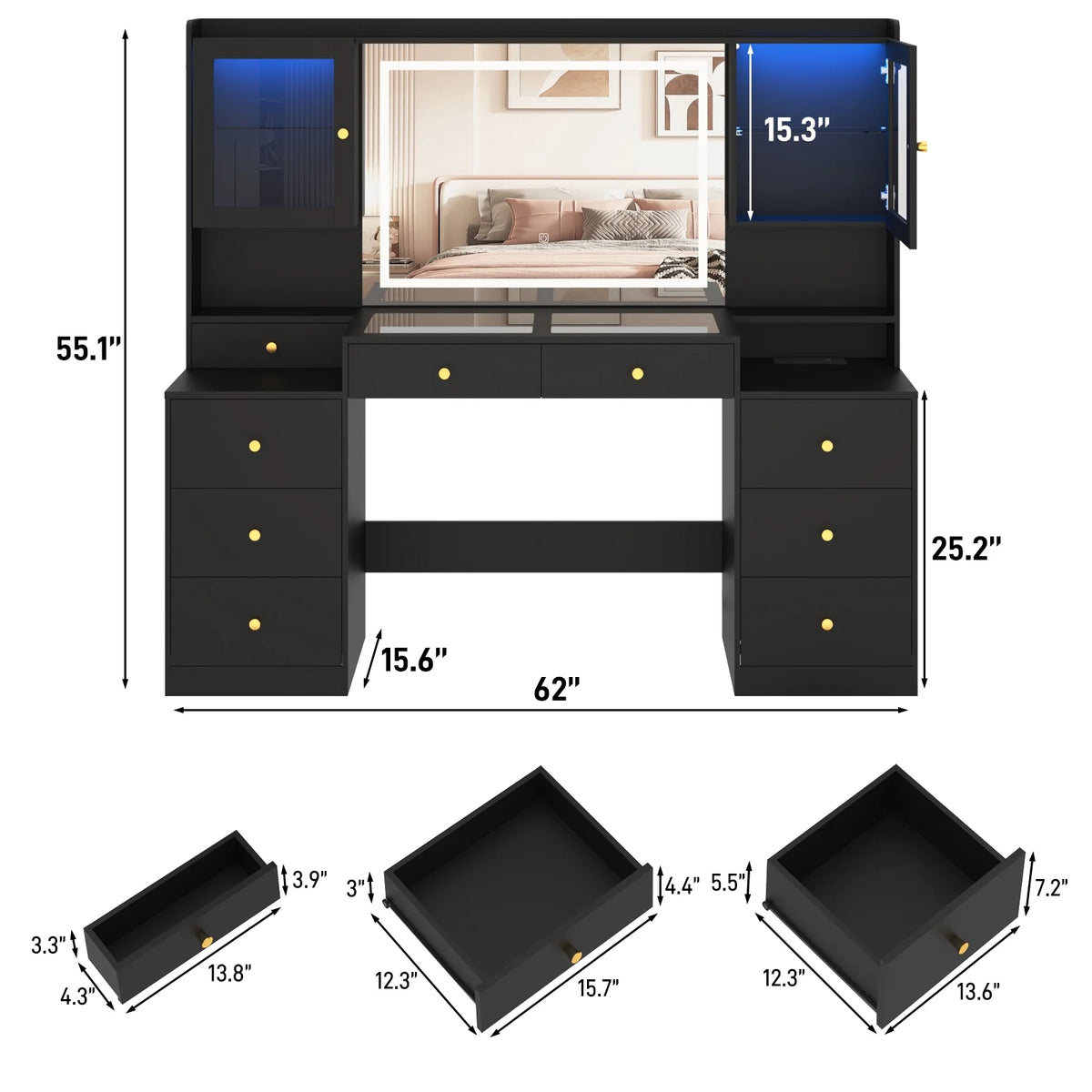 Blotout 62'' Large Vanity Desk W/60000 - Color LED Lights, Tempered Glass Top, Power Outlet, Makeup Vanity Table W/ 3 Lights Mode Mirror, 9 Drawers, 2 RGB Cabinets, LED Dressing Table for Girls, Women