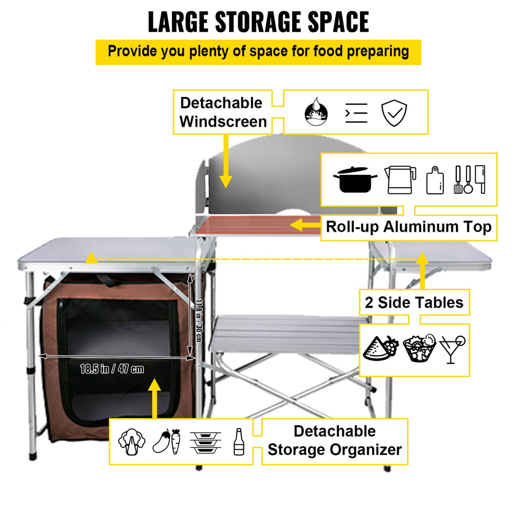 Camping Kitchen Station. Aluminum Portable Folding Camp Cook Table with Windshield. Storage Organizer and 4 Adjustable Feet. Quick Installation for Outdoor Picnic Beach Party Cooking. Brown
