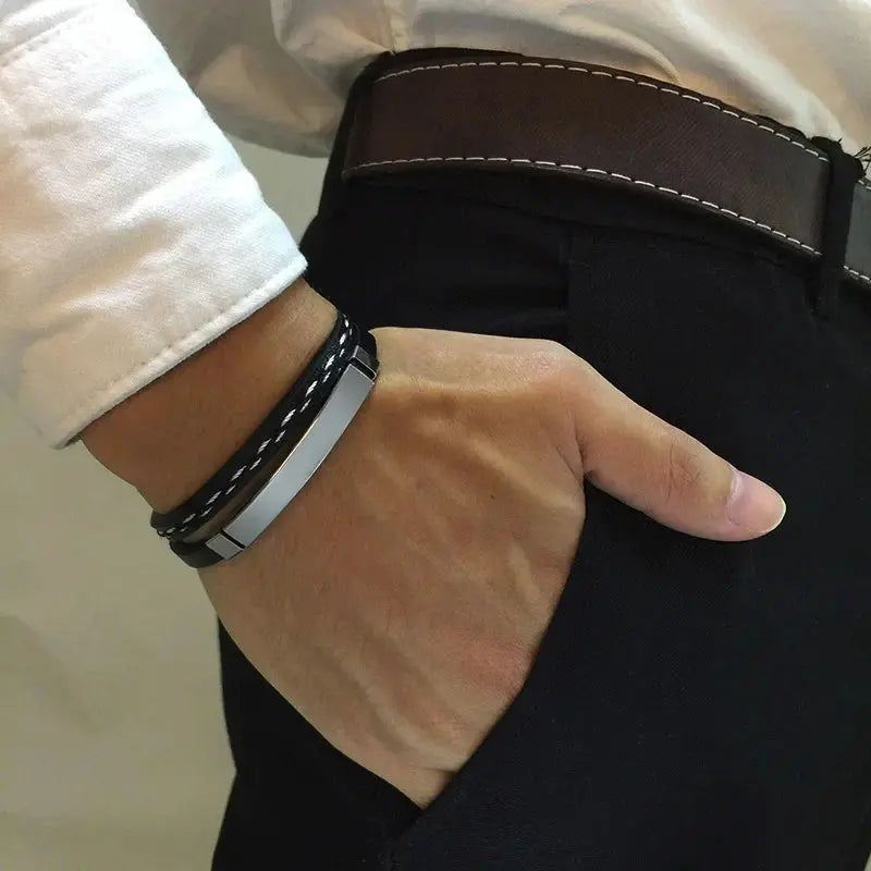 Textured Sew-Line Genuine Leather Bracelet