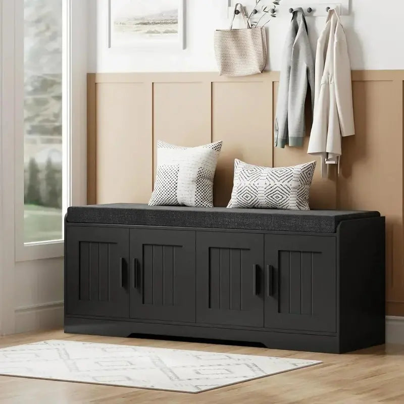 Two-Tier Entryway Bench with Thick Padded Seat & Shoe Storage – Modern Hallway Organizer