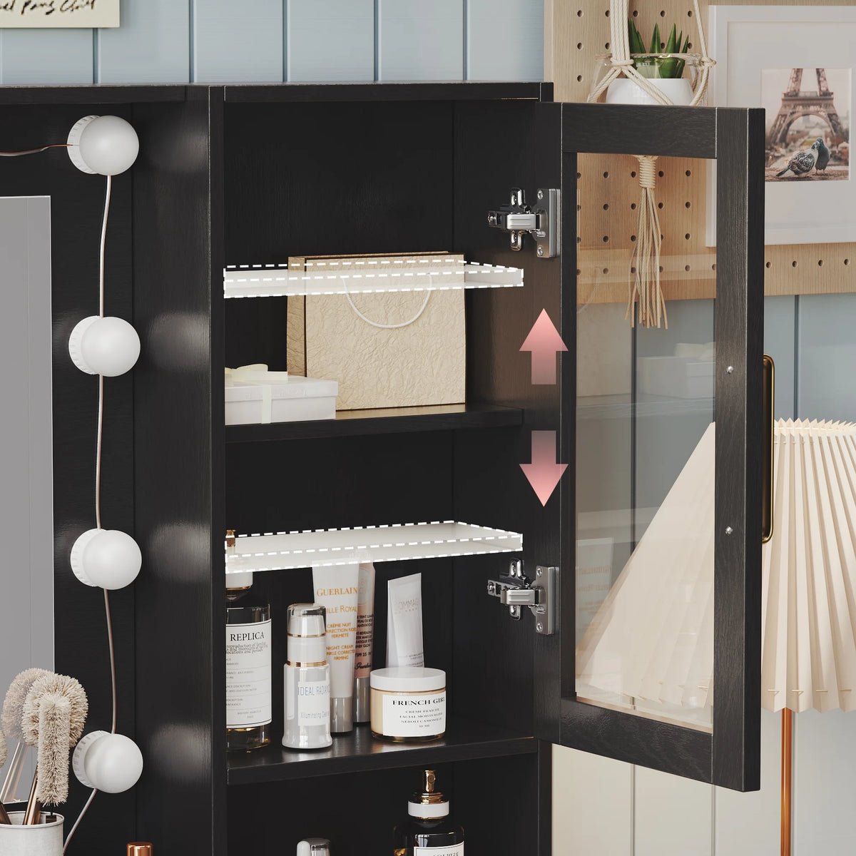 UGTOO 58.3" White Vanity Desk with Mirror, Adjustable Lighting, Power Outlet, Drawers, with Stool