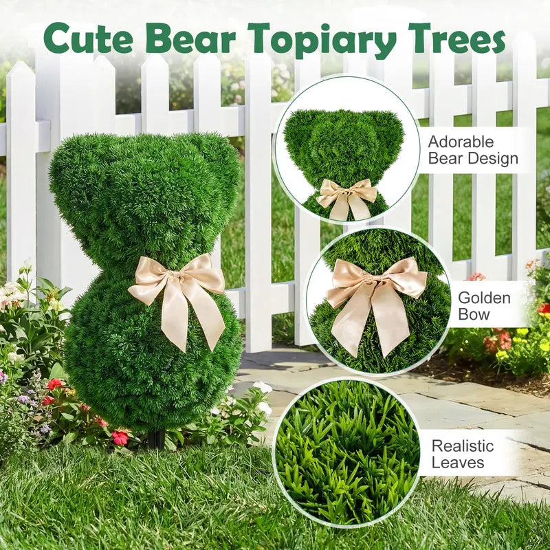 Sun-Resistant Teddy Bear Topiary Pair — 16.5-Inch UV-Protected Faux Boxwood Plants