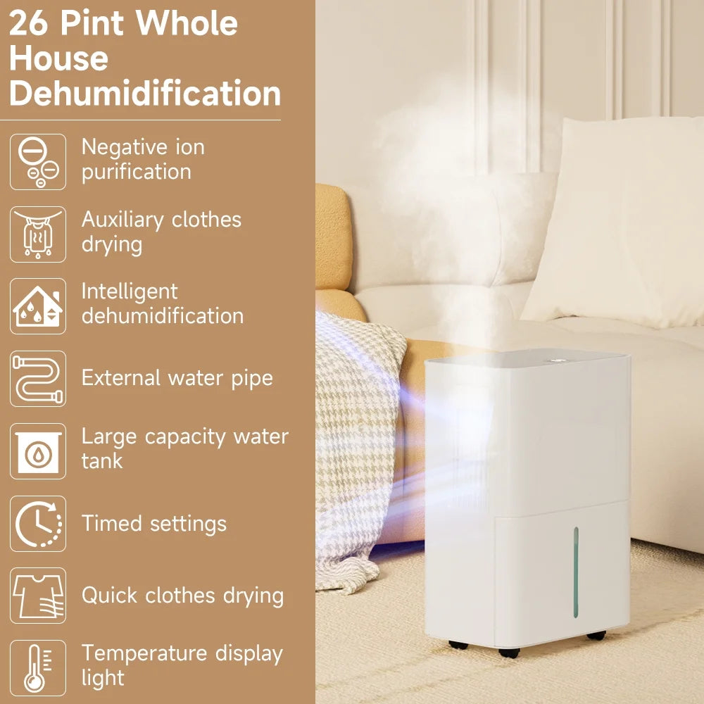 Dehumidifiers for Home, 2500 Sq.ft with Drain Hose Max 26 Pints, Dehumidifier for Basement, Bathroom, Bedroom, Three Modes, Intelligent Humidity Control, Dry Clothes, 24HR Timer