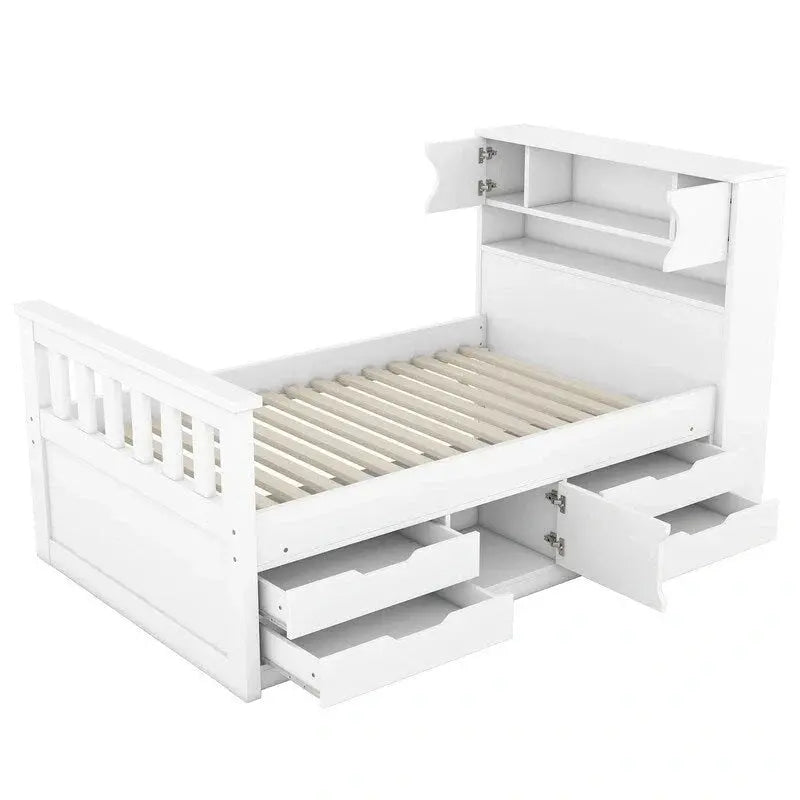 Twin/Full Captain Bed with Storage – Solid Wood Platform Frame Featuring 4 Drawers & Bookcase Headboard