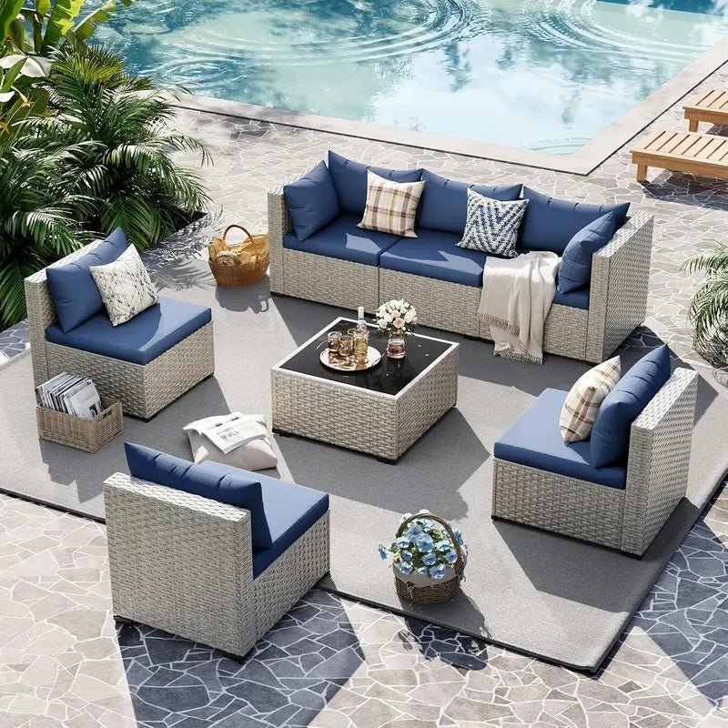 UDPATIO 7-Piece PE Wicker Sectional — Modular Outdoor Conversation Set with Lounge & Corner Configurations