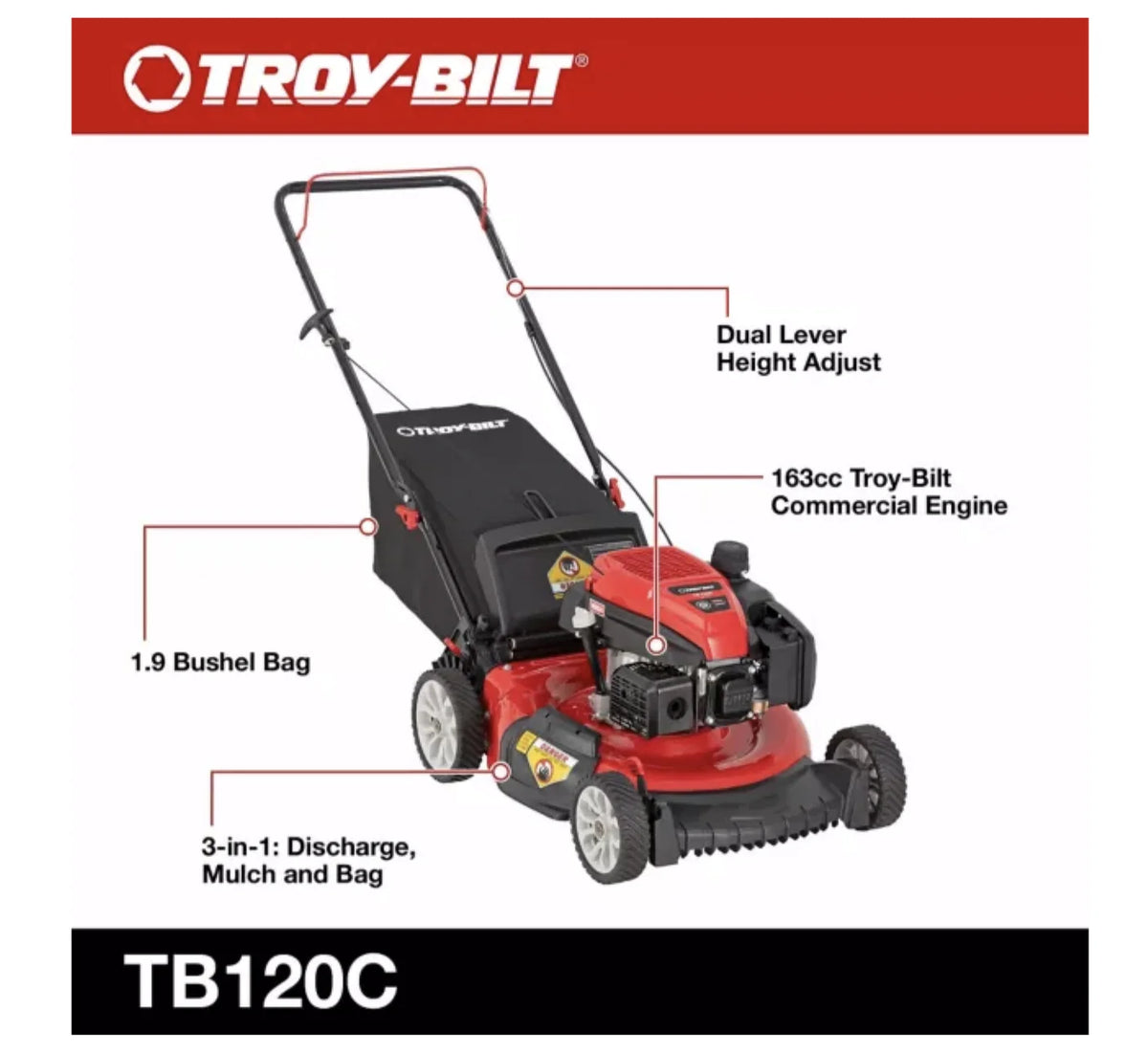 Restored Troy - Bilt TB120C | 21in 163cc Walk Behind Push Mower | 3 - in - 1 Deck (Refurbished)