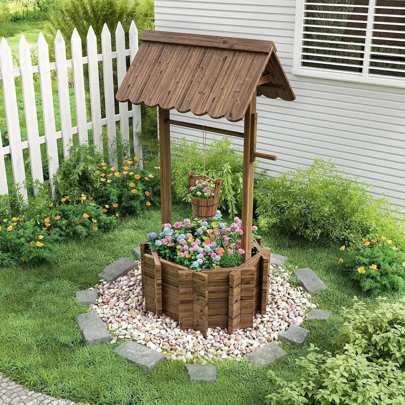 UDPATIO Large Wooden Outdoor Wishing Well Planter – Rustic Yard Decor with Functional Flower Pot Design