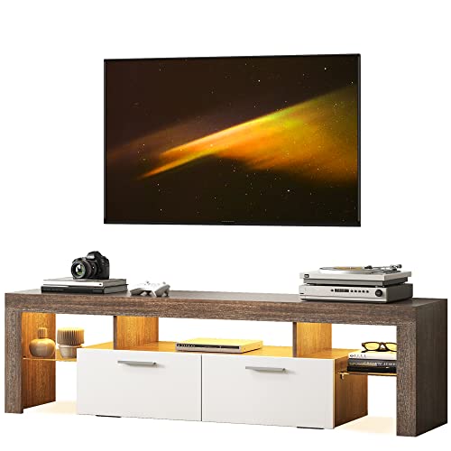 Entrintou Modern LED TV Stand for 32/40/50/55 inch TV, High Glossy Entertainment Center with LED Lights, Gaming Television Stands with Large Storage, Black Wood TV Console for Living Room, Bedroom