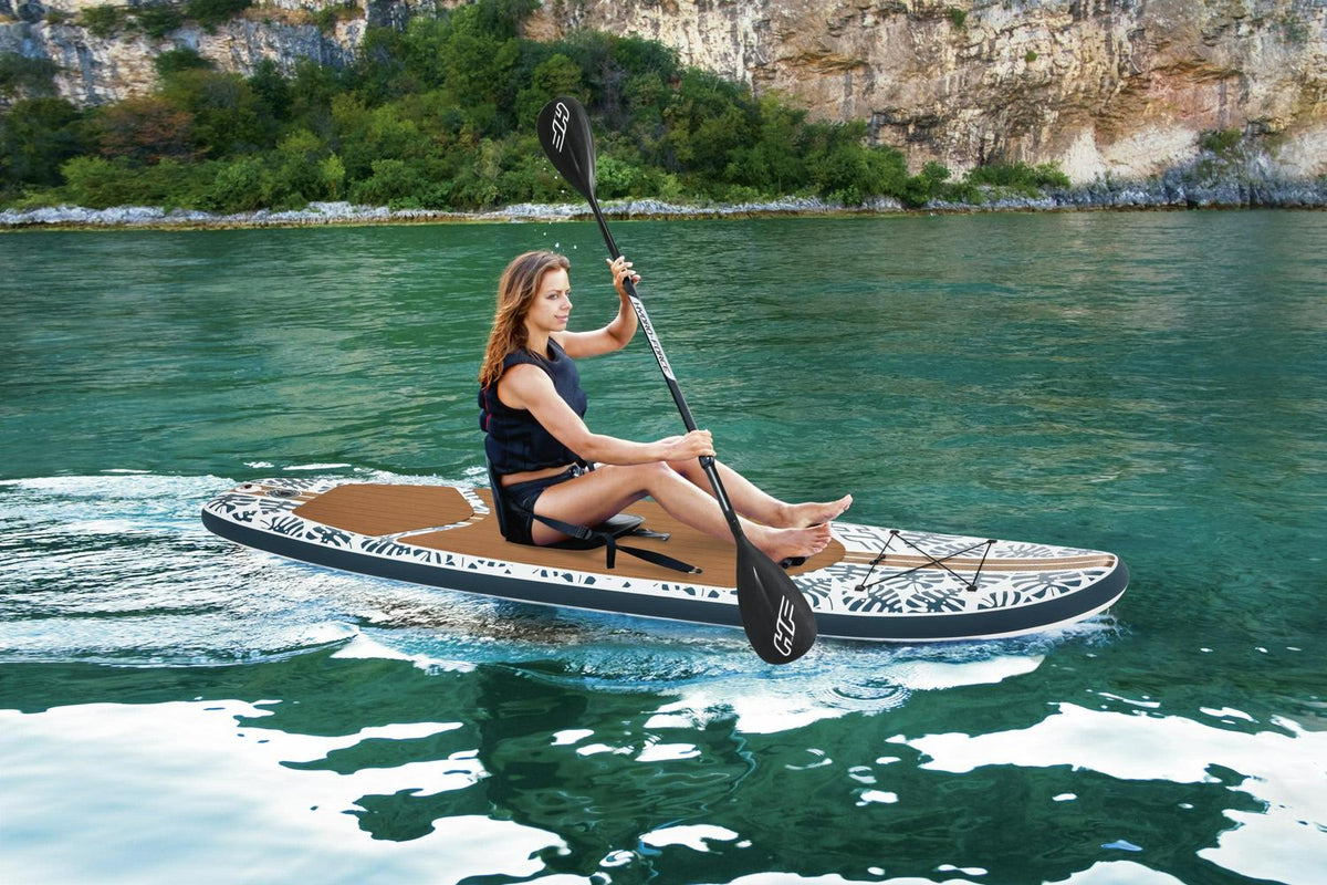 Hydro-Force Oceana 10 Ft. Inflatable Convertible Stand-up Paddle Board and Sit-on Kayak Set . Wood and Palm Print