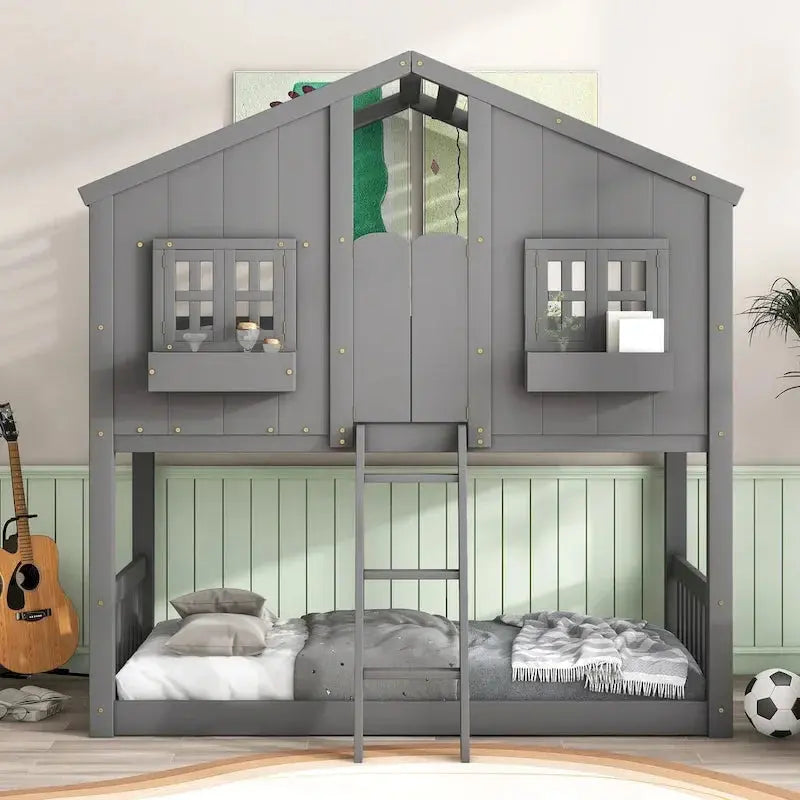 Twin-over-Twin Playhouse-Style Bunk Bed – Grey with Roof, Window & Safety Rails