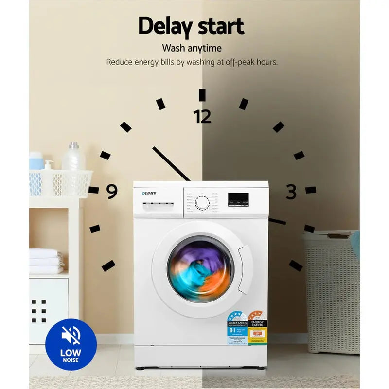 Devanti 8kg Front-Load Washing Machine with Quick Wash and 24-Hour Delay Start