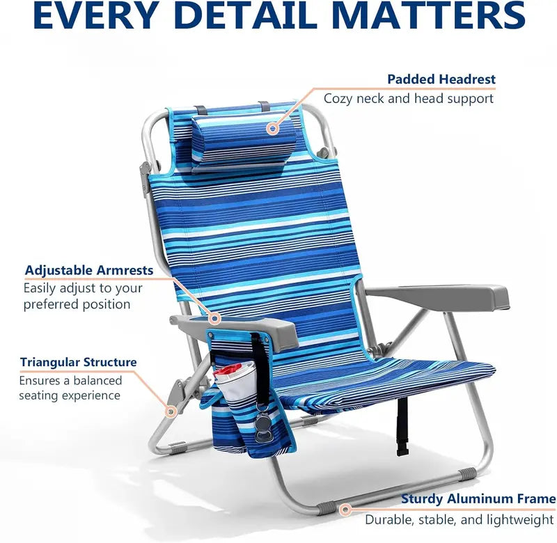 Tall Aluminum Backpack Beach Chairs – 2-Pack, 5-Position Lay-Flat Design with Cooler Pouch, Towel Bar, Phone Holder & Cup Holder, Blue Stripe