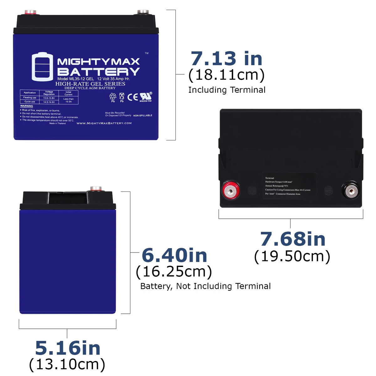 ML35 - 12 GEL - 12 Volt 35 AH, GEL Type, Internal Thread (INT) Terminal, Rechargeable AGM Battery