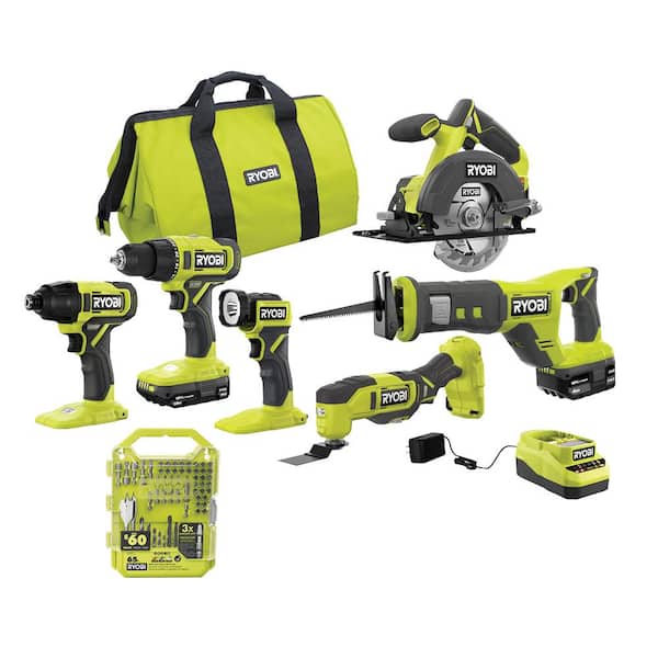 ONE+ 18V Cordless 6-Tool Combo Kit with 1.5 Ah and 4.0 Ah Batteries. Charger. and 65-Piece Drill and Impact Drive Kit