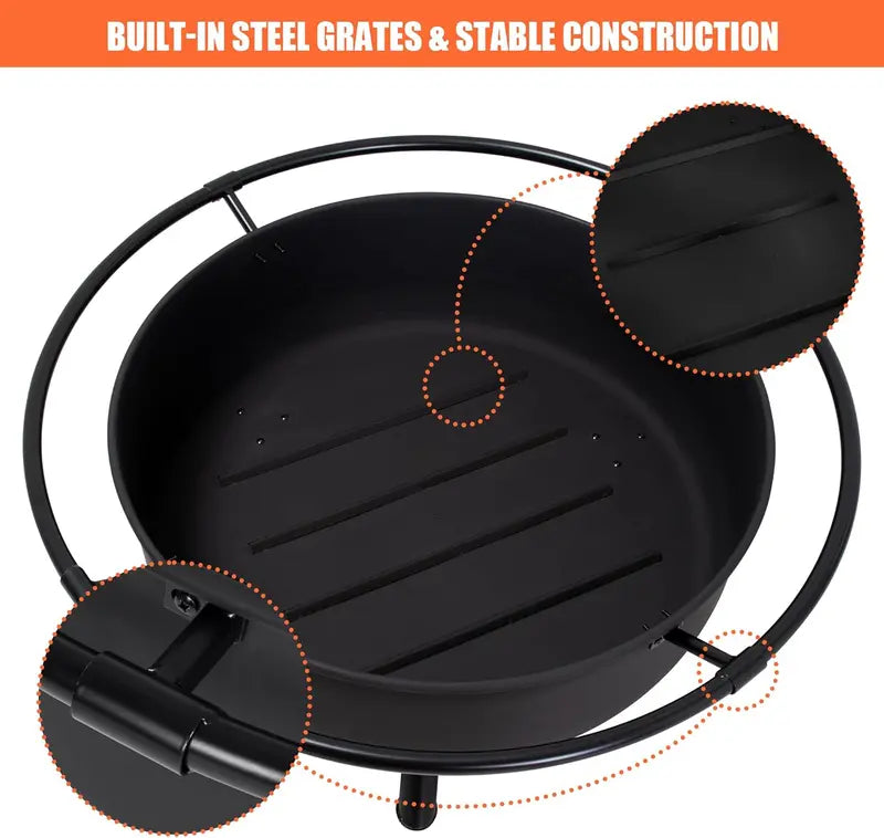 SUNCREAT 42″ Wood-Burning Patio Fire Pit with Spark Screen & Fireplace Poker – Heavy-Duty Black Outdoor Bonfire Unit