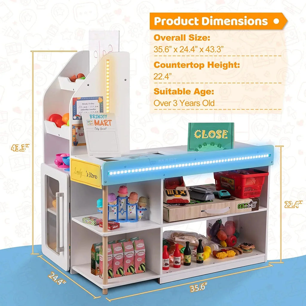 BRINJOY Grocery Store Pretend Play, Kids Play Store Wooden Market Stand with LED Lights&Acrylic Sheet, Supermarket Toy Includes Shopping Bag, Apron, Coupons, Cards for Children