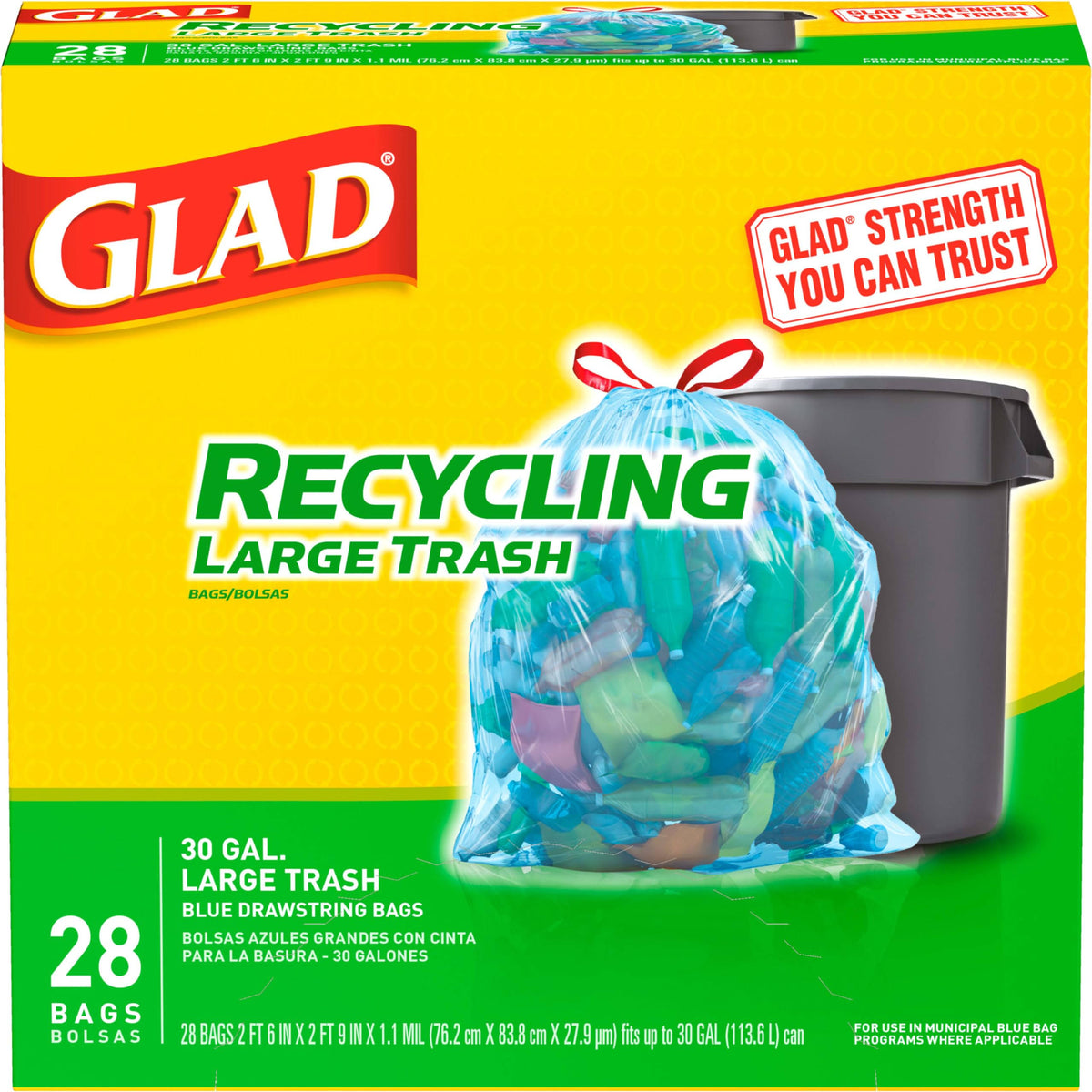 Glad Recycling Drawstring Large Trash Bags Blue 30 Gallon 28 Count
