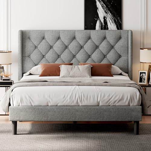 Feonase Full Size Bed Frame with Upholstered Wingback Headboard, Platform Bed and Heavy Duty Wooden Slats Support, Easy Assembly, Noise-Free, No Box Spring Needed, Dark Gray