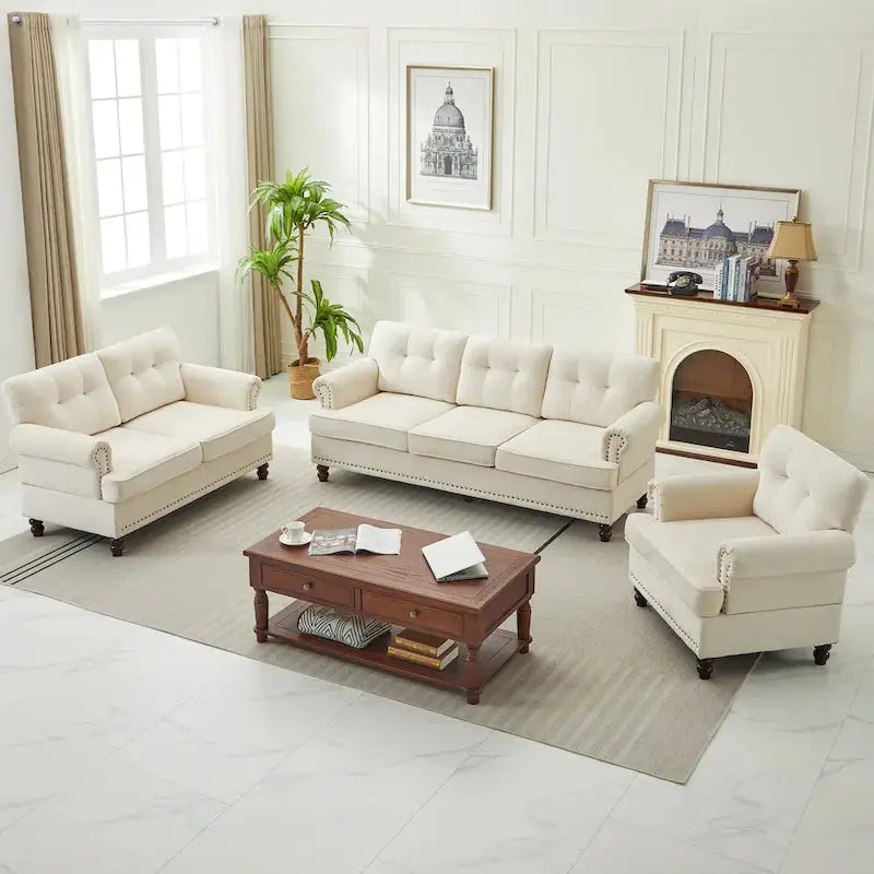 Three-Piece Chenille Living Room Sofa Set – Button-Tufted Design with Nailhead Trim and Rubberwood Legs