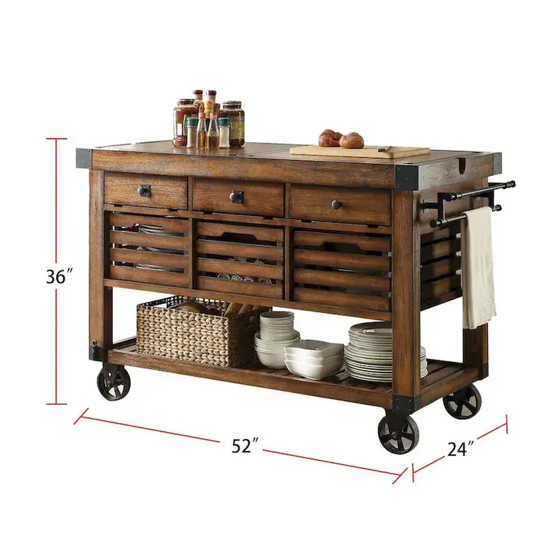 Distressed Chestnut Kitchen Island Cart with Three Functional Drawers