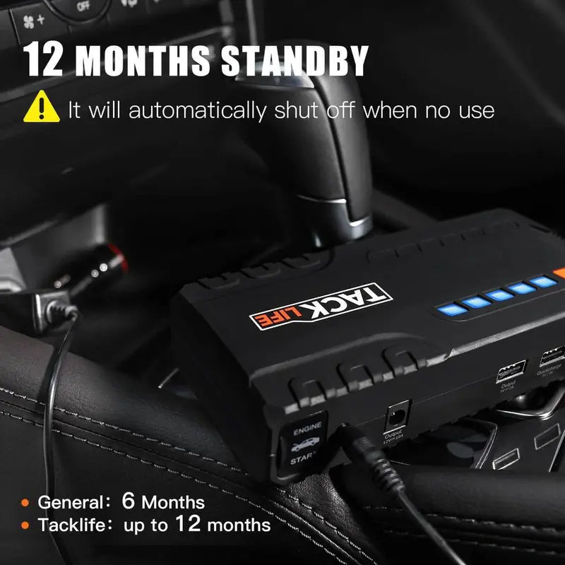 Tacklife T6 Car Jump Starter – 800A Peak, 18000mAh, LCD Display, Quick-Charge, Safety-Protected (Gas up to 7.0L / Diesel up to 5.5L)