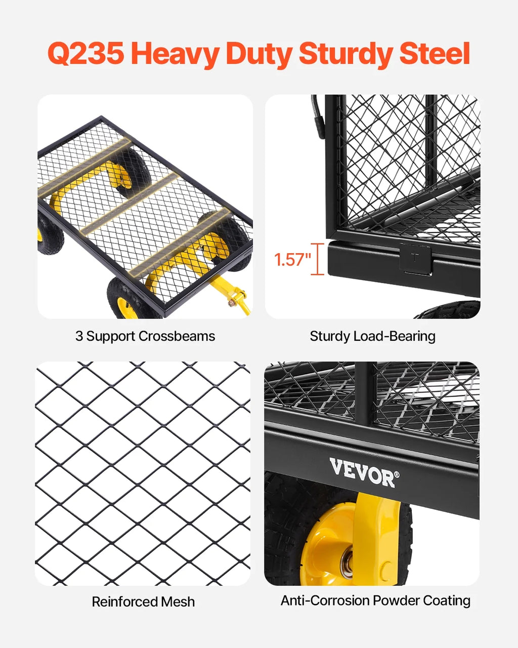 VEVOR 900 lb Heavy Duty Steel Garden Cart, Garden Wagon Cart on Wheels, Outdoor Metal Yard Utility Wagon Carts with 10" Tires and Mesh Removable Sides(Convert to Flatbed) and 180rotating Handle