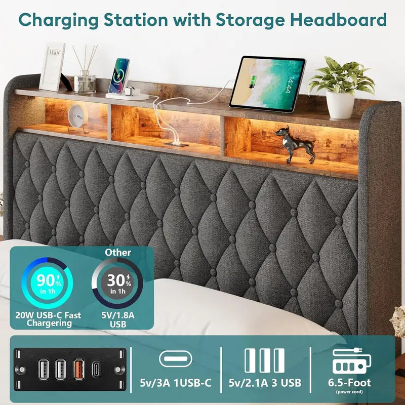 Upholstered Queen Lift-Up Storage Bed Frame – Platform Headboard Design with Hidden Underbed Compartment