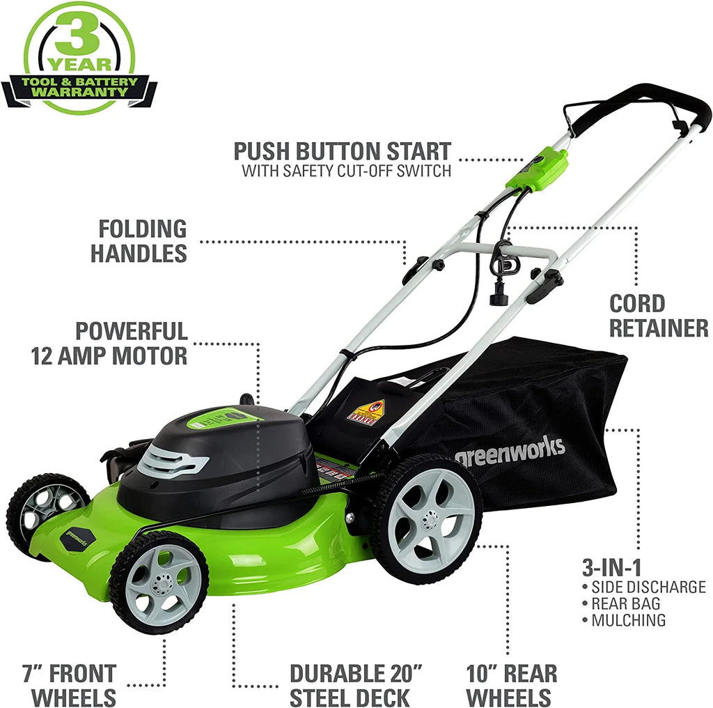 Greenworks 12 Amp 20-Inch 3-in-1Electric Corded Lawn Mower . 25022