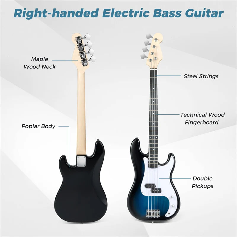 46" Right-handed Electric Bass Guitar, 4 Strings Full Size Bass Kit with Double Pickups, Open-gear Tuning, Gig Bag, Strap & Cable for Beginners