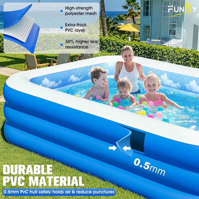 Ocean-Themed Inflatable Family Pool with Canopy – Extra-Large 105″ x 75″ x 25″, Thickened Vinyl for Kids & Adults, Backyard Swimming Pool