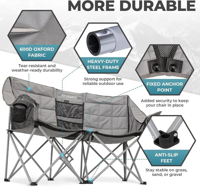 Triple-Occupancy Folding Camping Chair – Extra-Large 3-Person Seat with Integrated Cooler & 1000-Lb Capacity