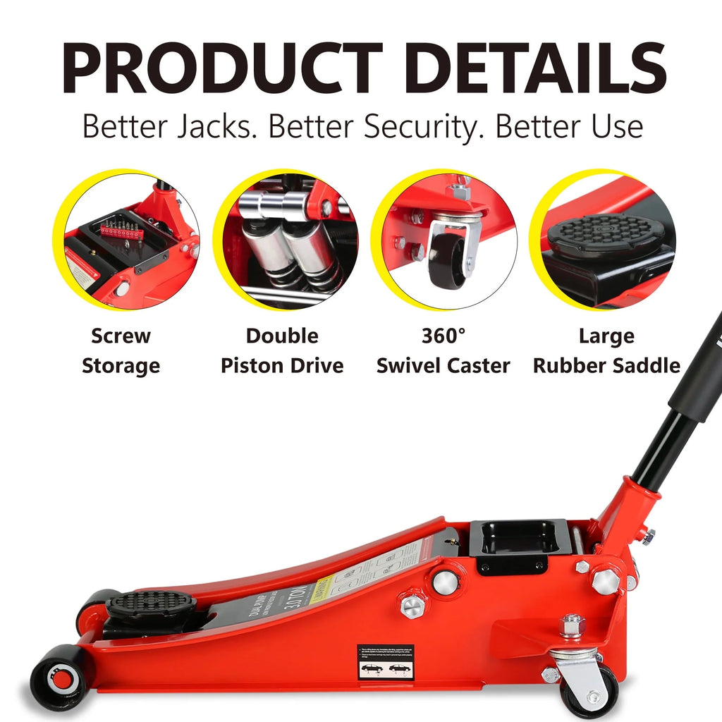 DSstyles 3 Ton Hydraulic Floor Jack Dual Pump 6600 Lb Capacity Lifting Range 3.3"-18.5" Low Profile Service Jack for Quickly Car Lift